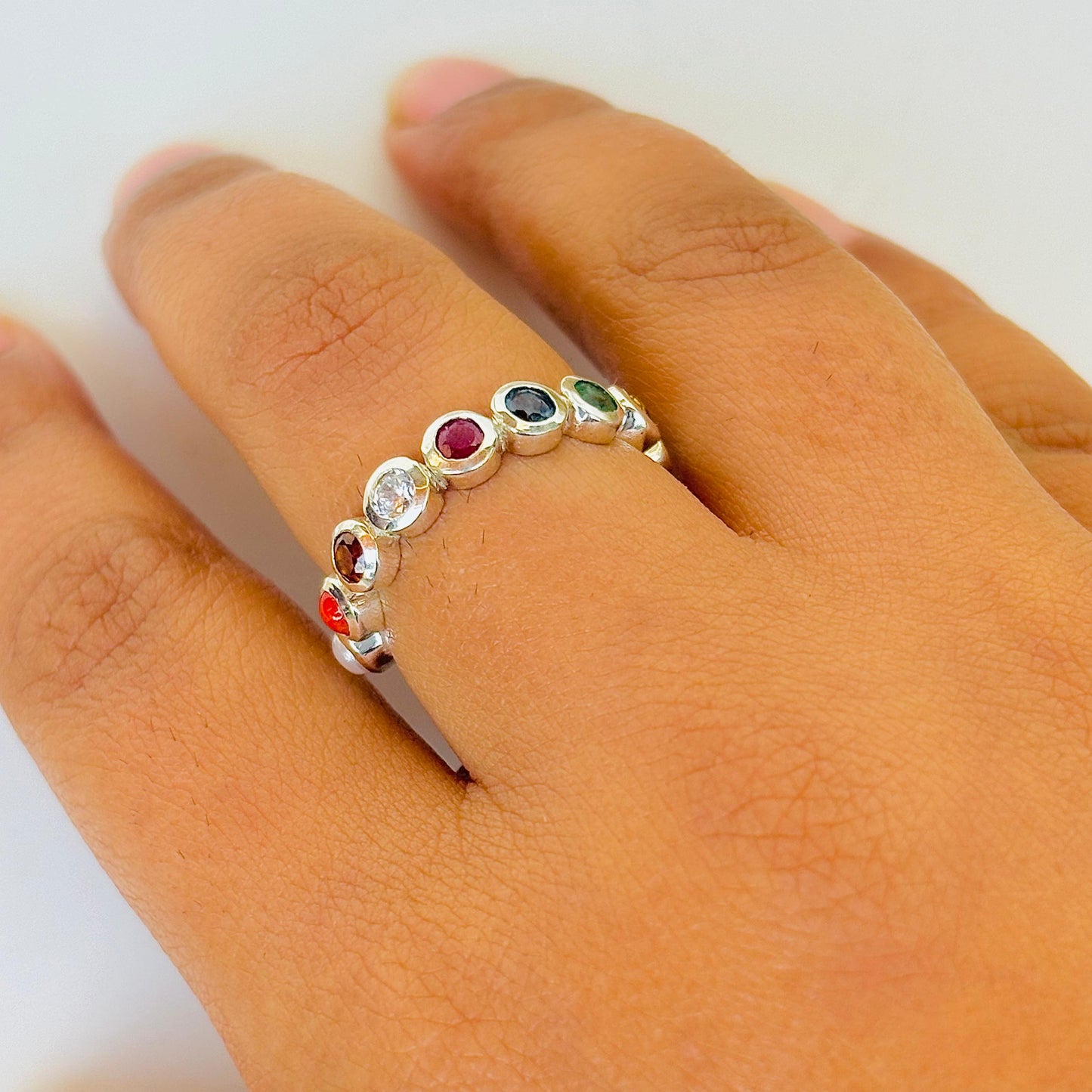 925 Pure Silver Natural Gemstone Navratan Ring