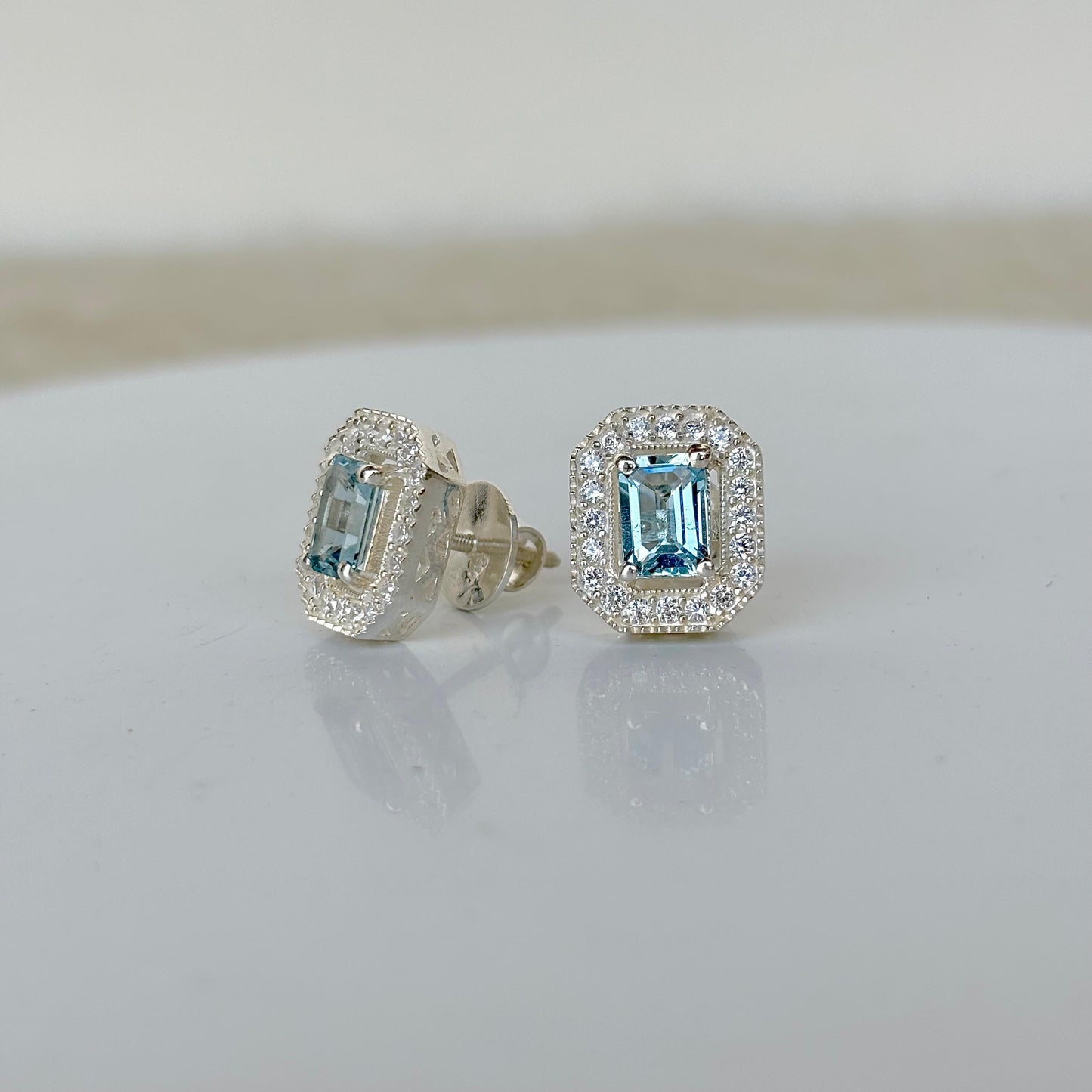 925 Pure Silver Natural Blue Topaz Halo Stud Earring