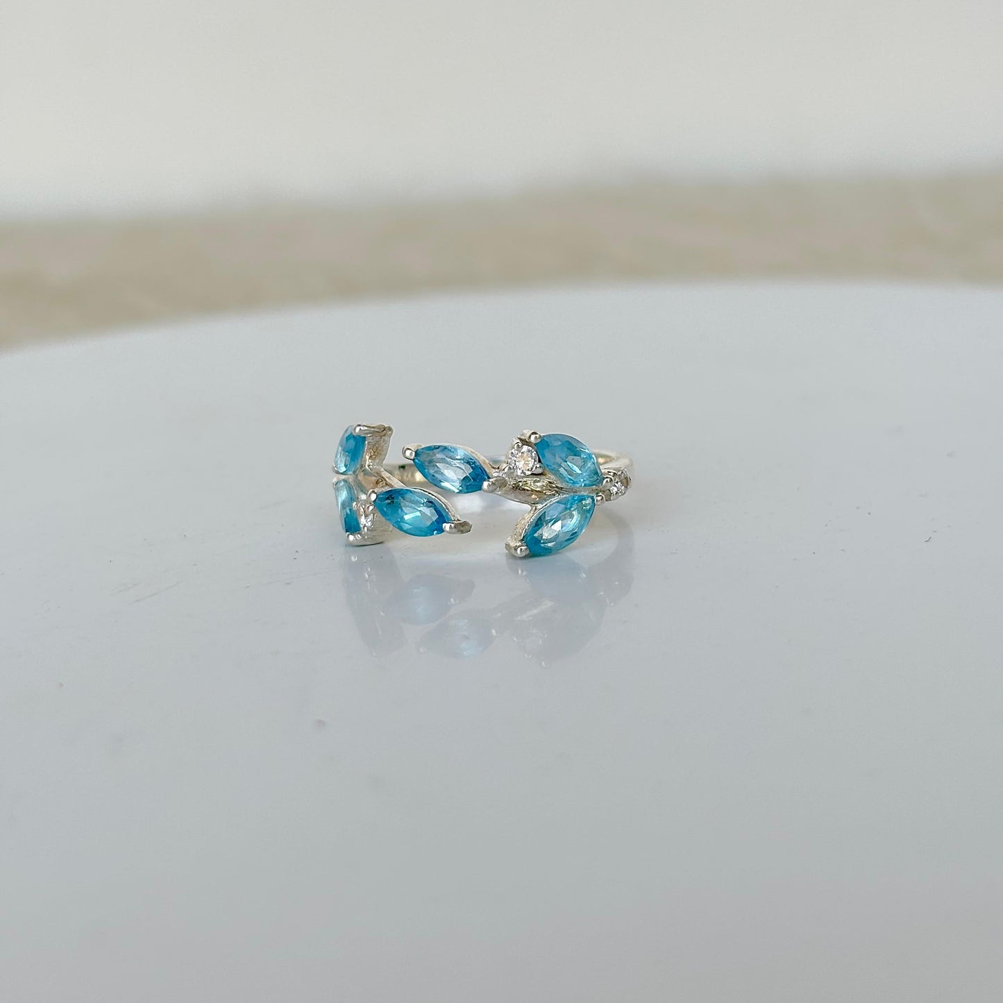 925 Pure Silver Natural Blue Topaz Marquise Leaf Ring