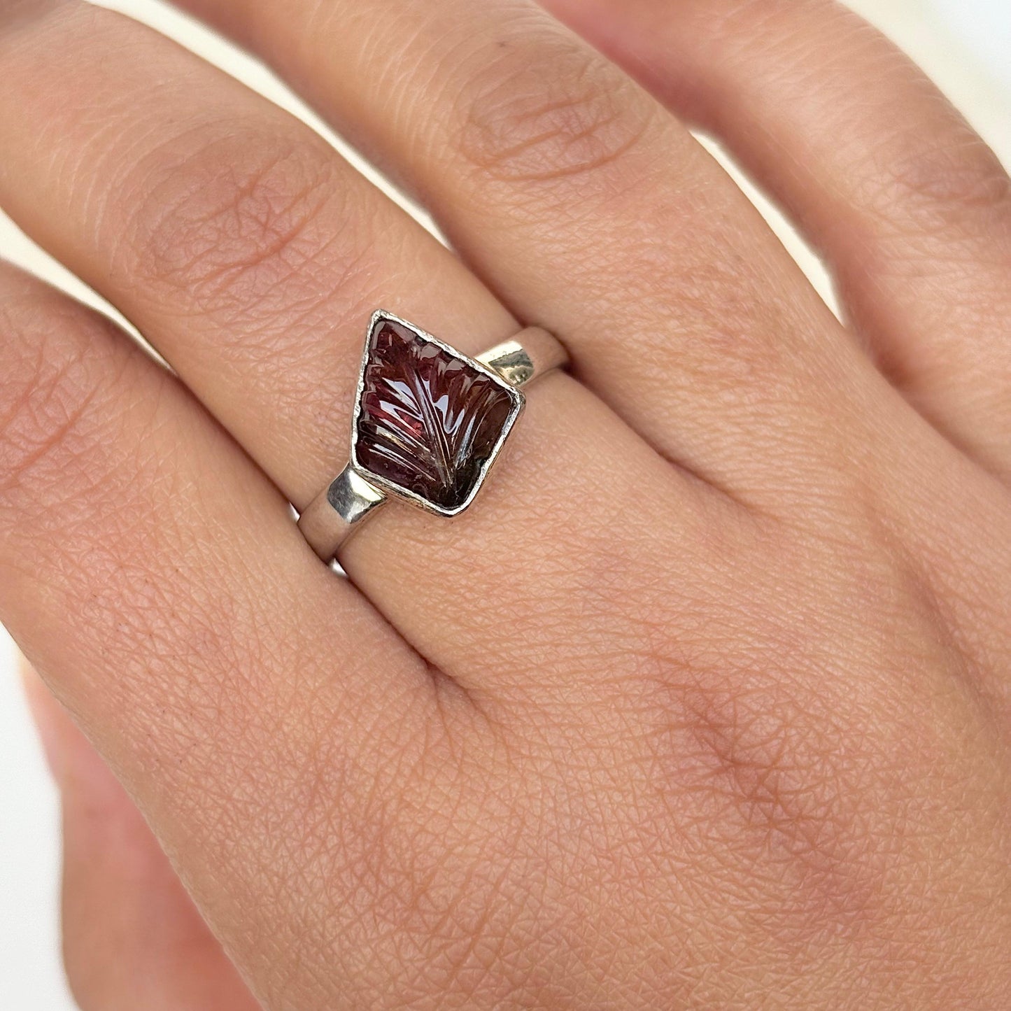 925 Pure Silver Handcrafted Watermelon Tourmaline Leaf Cut Ring