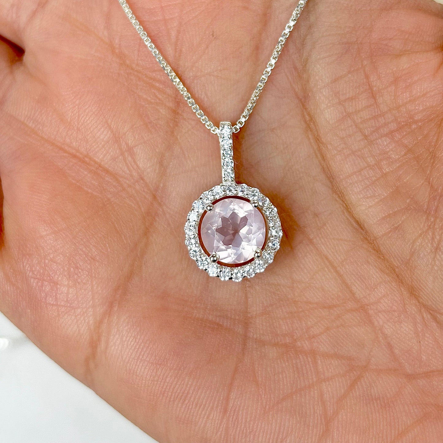 925 Silver Natural Rose Quartz Pendant Necklace
