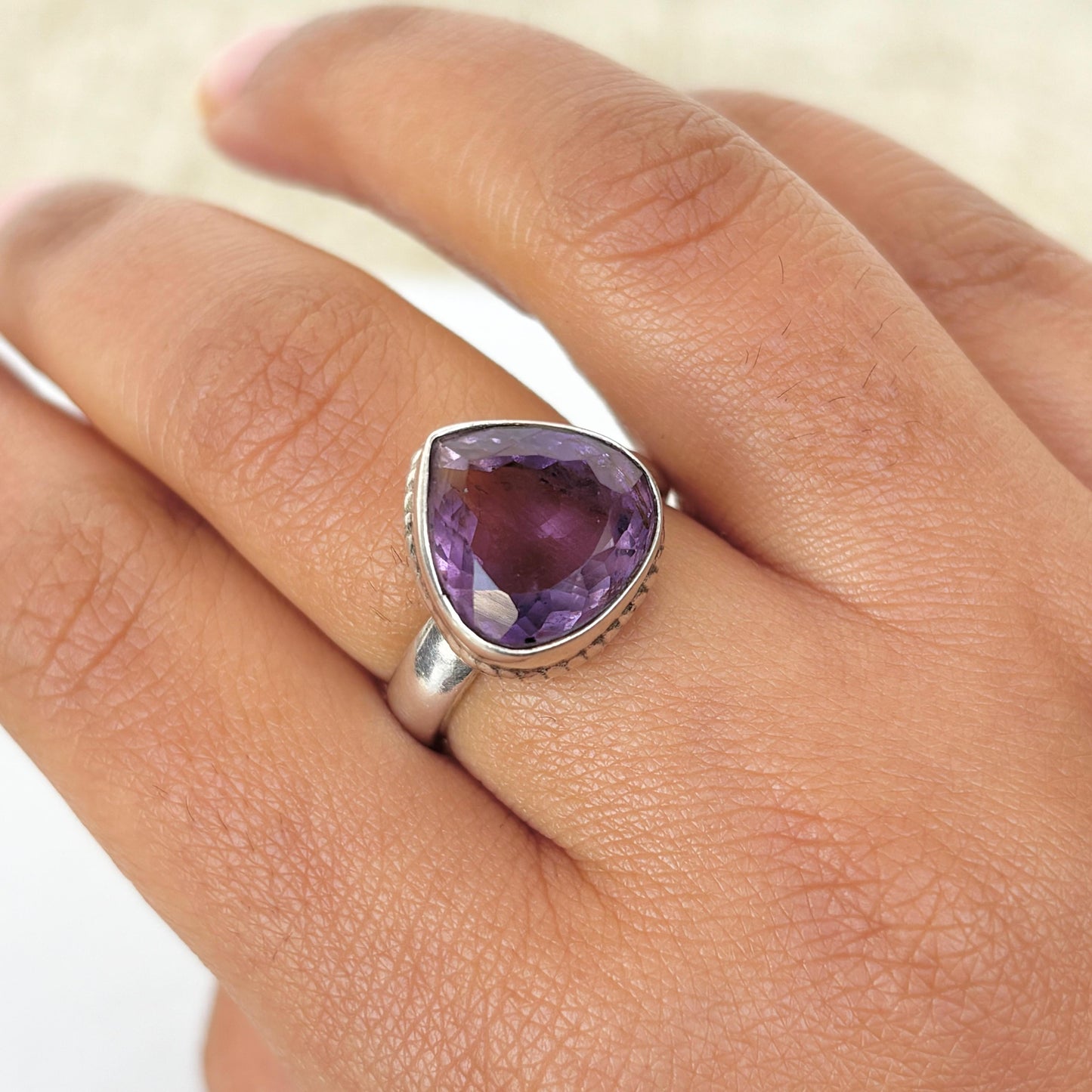 Natural Amethyst Ring Tear drop 925 Pure Silver Ring