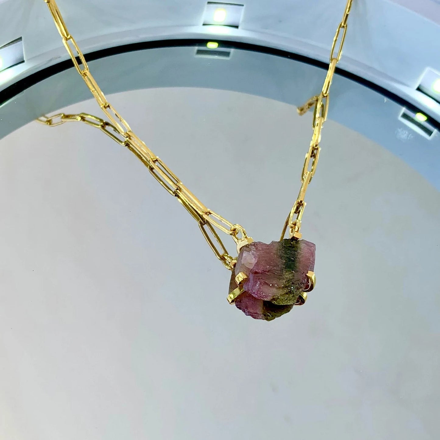925 Pure Silver Watermelon Tourmaline Gold Plated Pendant Necklace