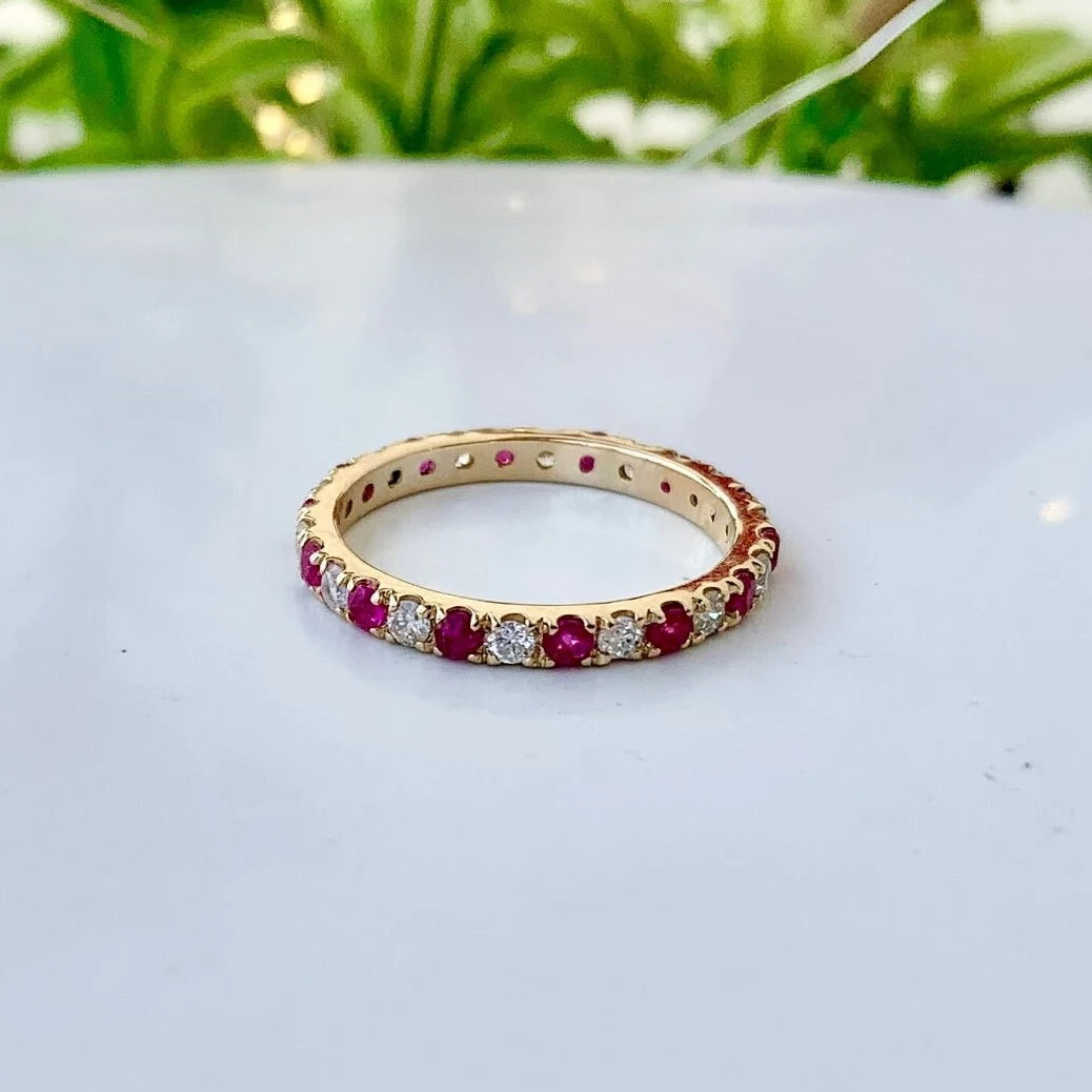 Natural Ruby and Diamond Eternity Wedding Band 14K Yellow Gold Ring