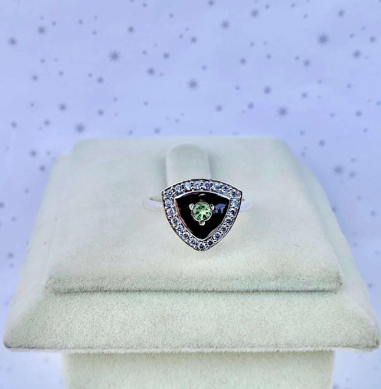 925 Pure Silver Natural Peridot Trilliant Statement Ring