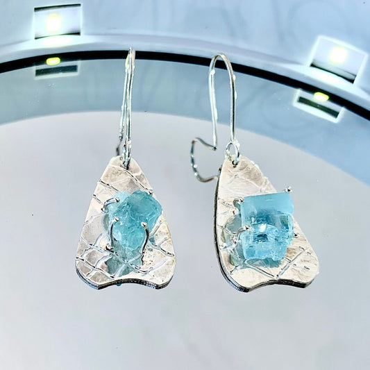 925 Pure Silver Rough Natural Aquamarine Dangle Earrings