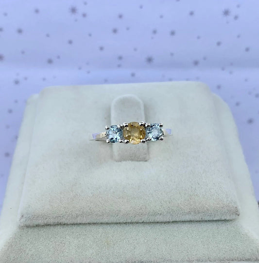 925 Pure Silver Multi Gemstone Citrine Natural Blue Topaz Ring