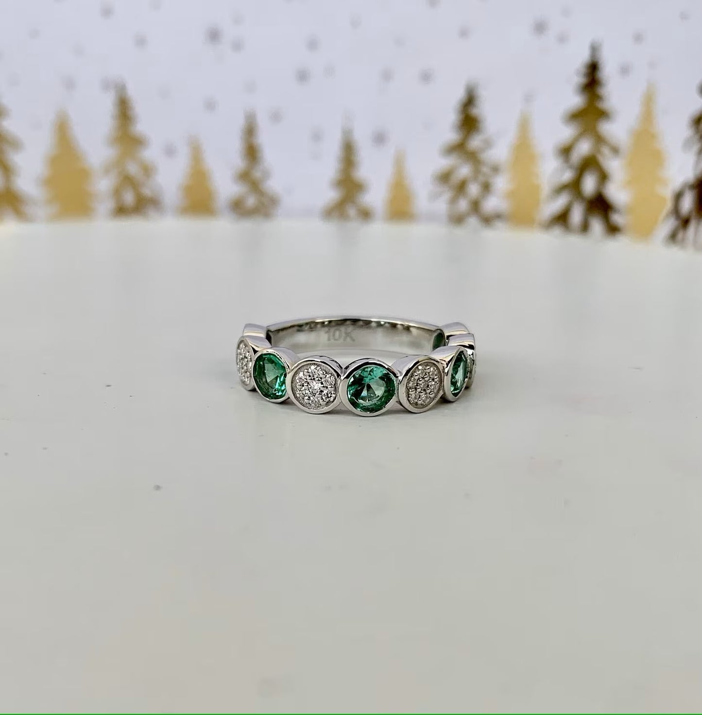 14 Karat White Gold Zambian Natural Emerald & Moissanite Band Ring