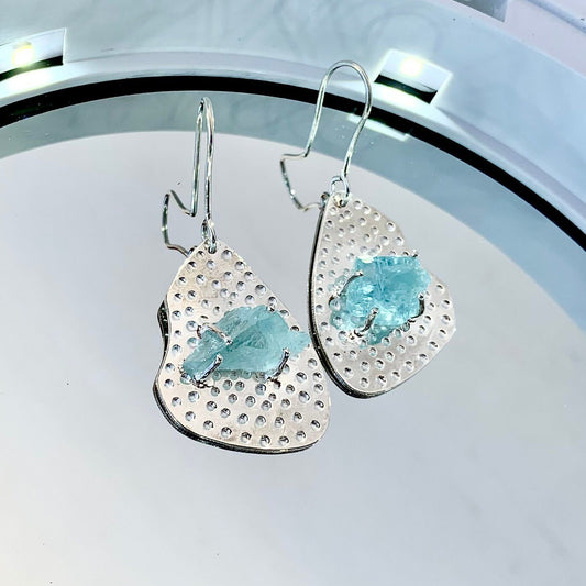 925 Pure Silver Raw Natural Aquamarine Dangle Earrings