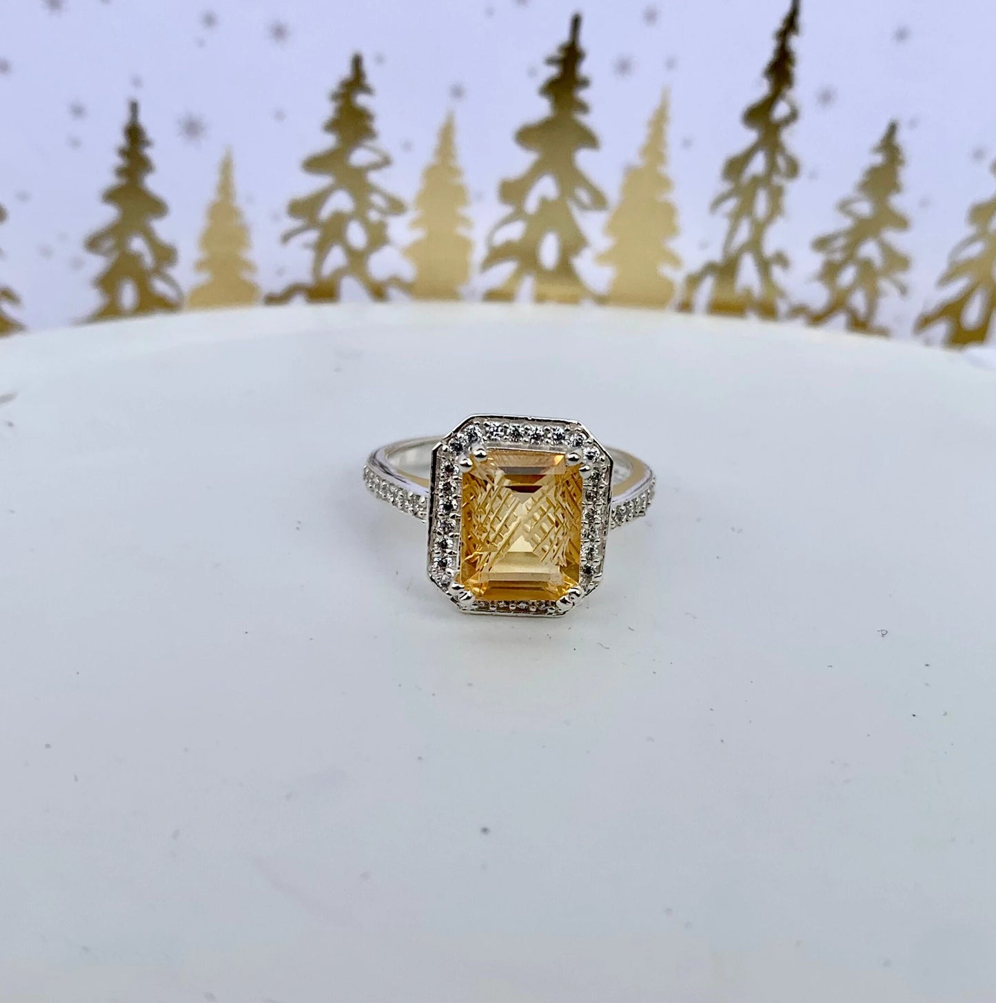 925 Pure Silver Natural Emerald Cut Carved Citrine Birthstone Ring