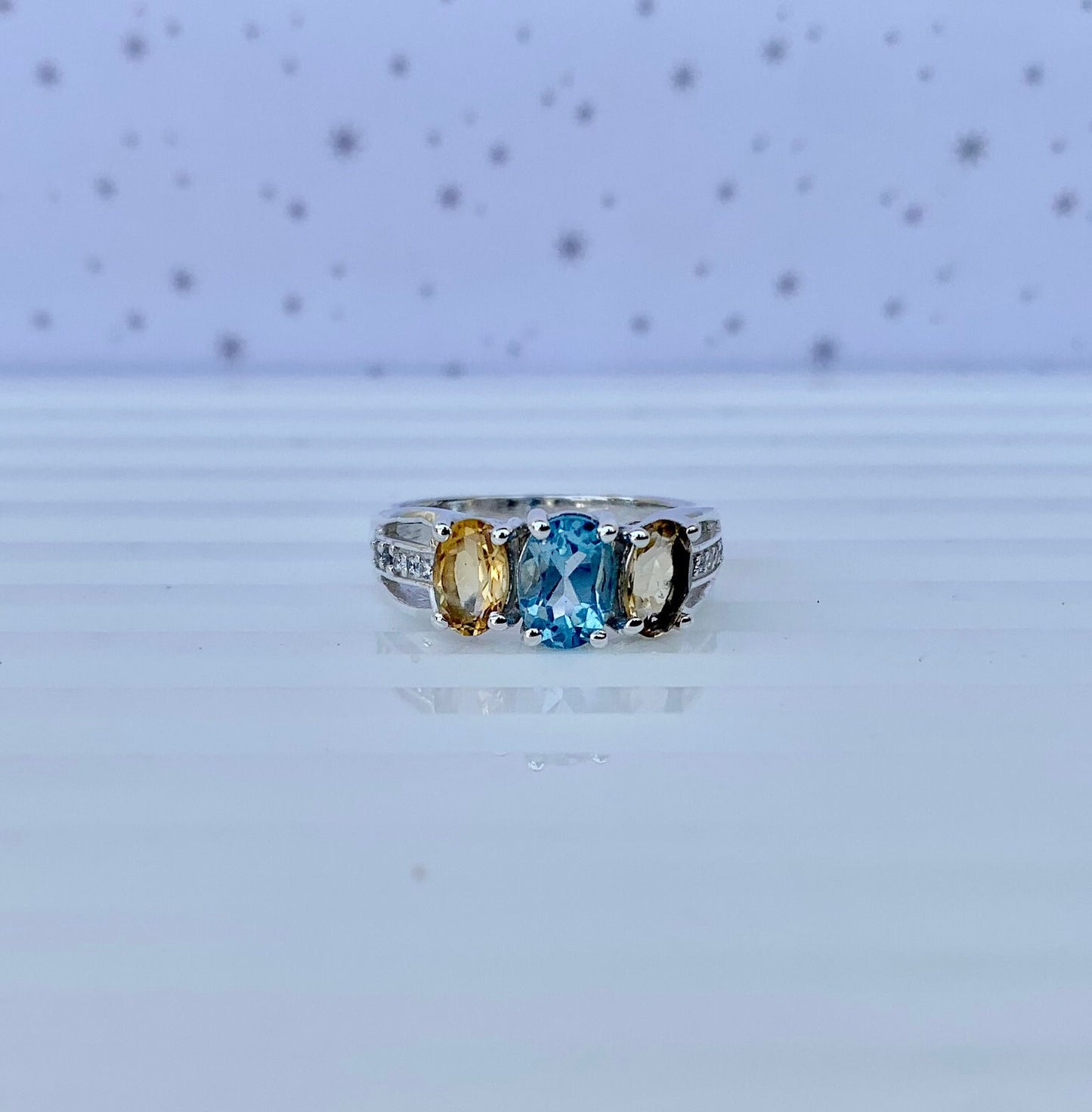 925 Pure Silver Multi Gemstone Natural Blue Topaz, Citrine Ring
