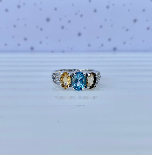 925 Pure Silver Multi Gemstone Natural Blue Topaz, Citrine Ring