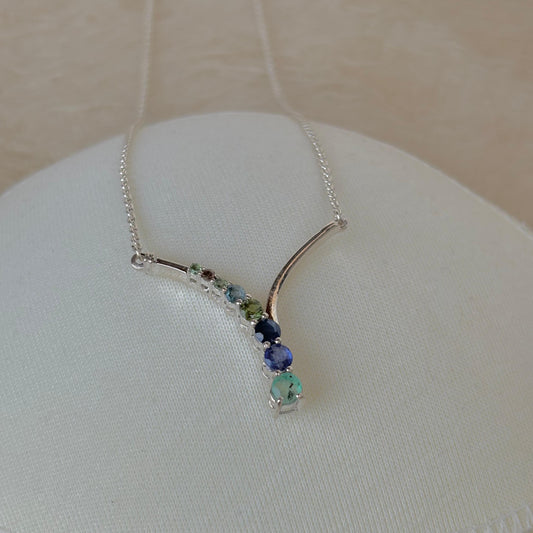 925 Pure Silver Natural Multi-Gemstone Necklace with Sapphire, Emerald, and Tourmaline