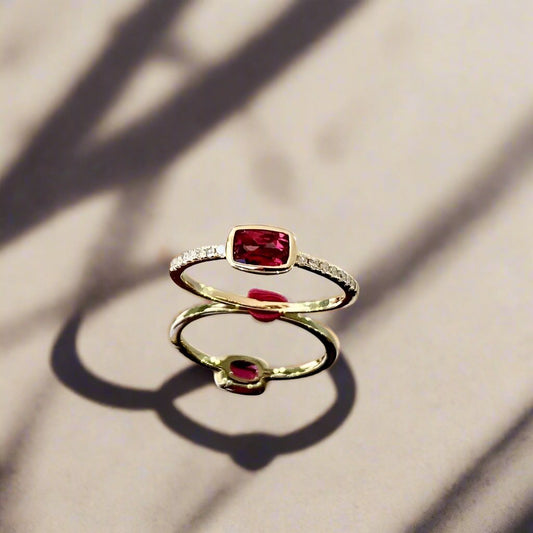 14K Gold Natural Garnet Diamond Ring Yellow Gold Micro Pave Thin Minimalist Ring