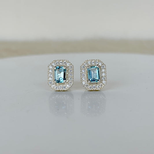 925 Pure Silver Natural Blue Topaz Halo Stud Earring
