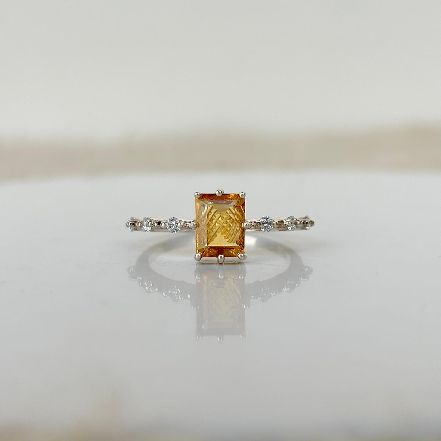 925 Pure Silver Natural Emerald Cut Carved Citrine Birthstone Ring