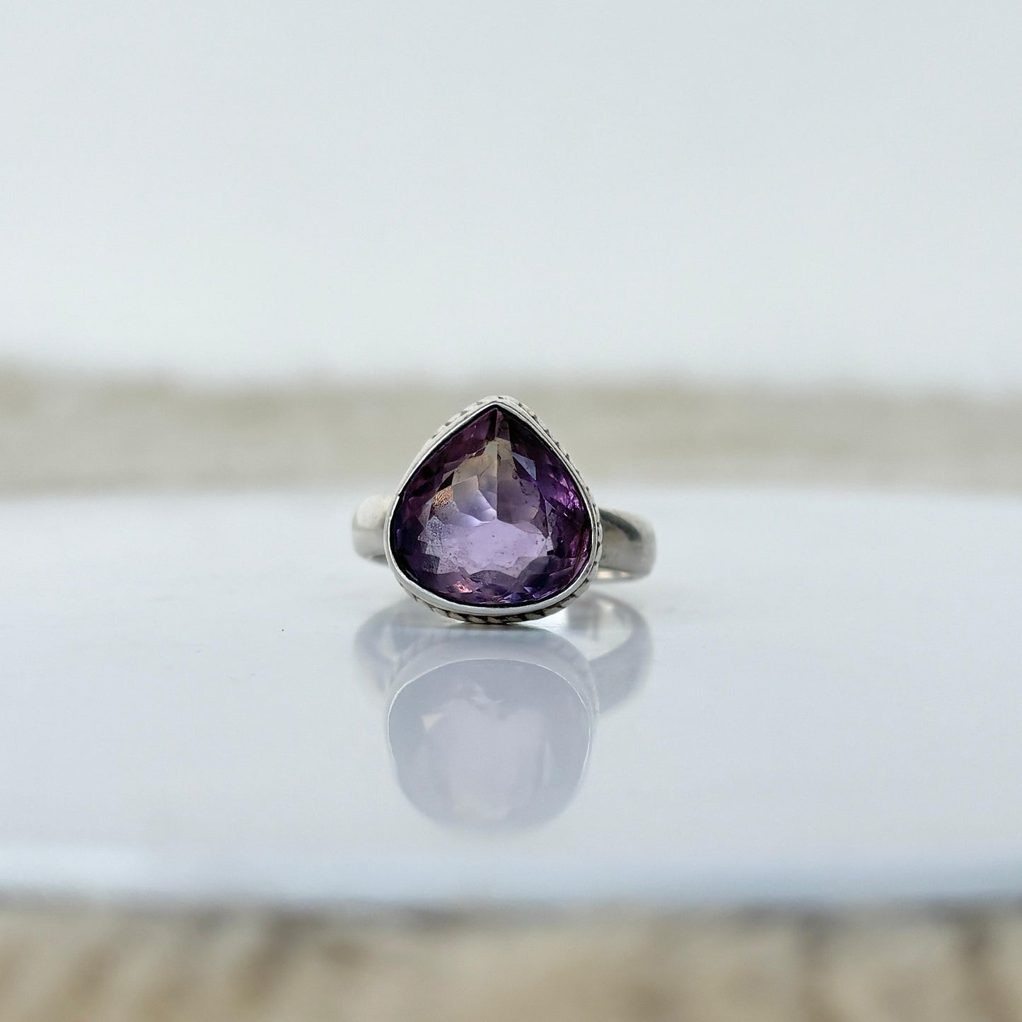 Natural Amethyst Ring Tear drop 925 Pure Silver Ring