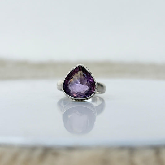 Natural Amethyst Ring Tear drop 925 Pure Silver Ring