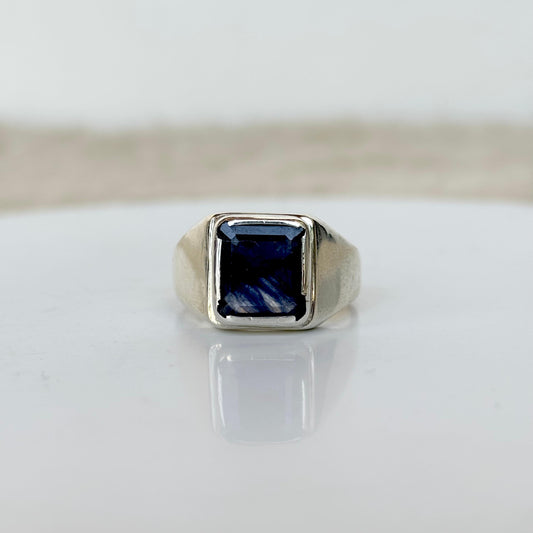 Natural Blue Sapphire Octogen Cut Solitaire Men's Ring 925 Silver Statement Ring
