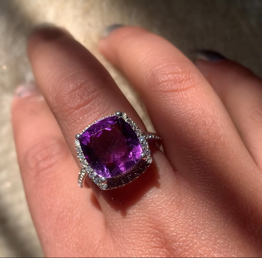 925 Sterling Silver Natural Amethyst Halo Ring