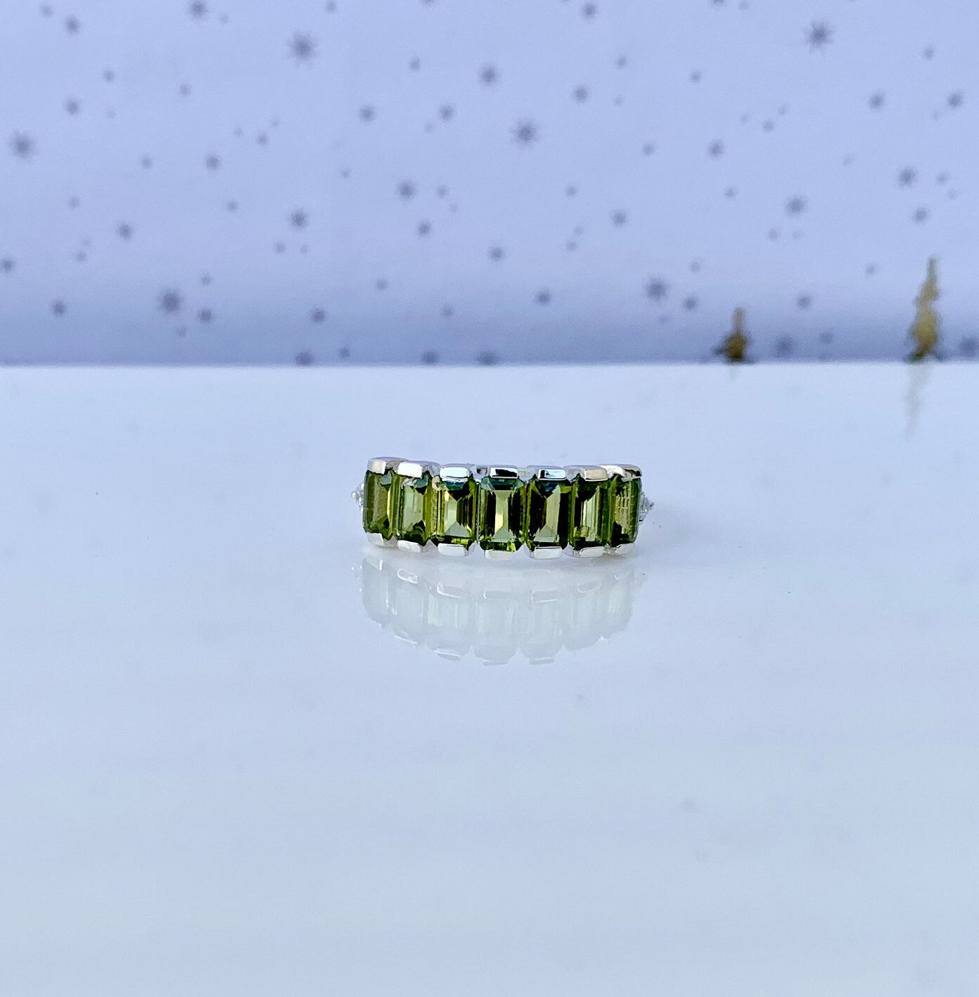 925 Pure Silver Natural Peridot Baguette Eternity Band Ring