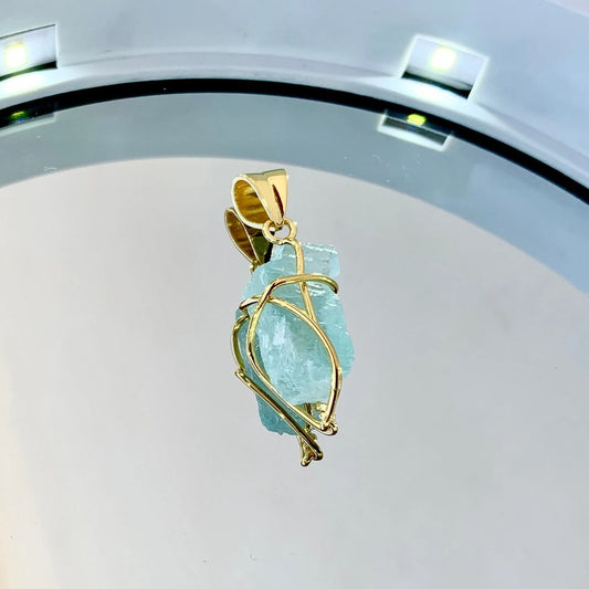 Natural Aquamarine Crystal 925 Pure Silver Gold Plated Pendant