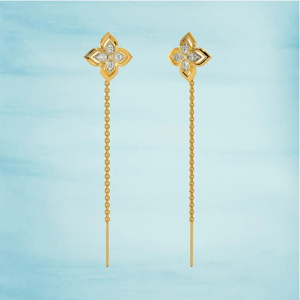 Handcrafted 18 Karat Natural Yellow Gold Fadhl Sui Dhaga Earrings with Diamond or Moissanite