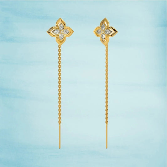 Handcrafted 18 Karat Natural Yellow Gold Fadhl Sui Dhaga Earrings with Diamond or Moissanite