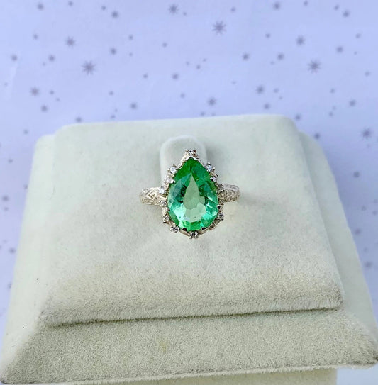 Natural Green Quartz Teardrop 925 Pure Silver Ring