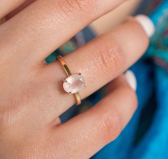 925 Silver 22k Gold Plated natural Rose Quartz Ring