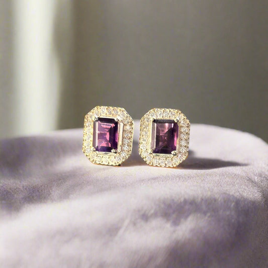 925 Pure Silver Natural Emerald-Cut Amethyst Halo Stud Earrings