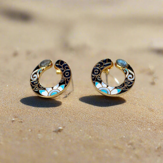 925 silver earrings with natural labradorite and floral enamel design – elegant handcrafted jewelry for women