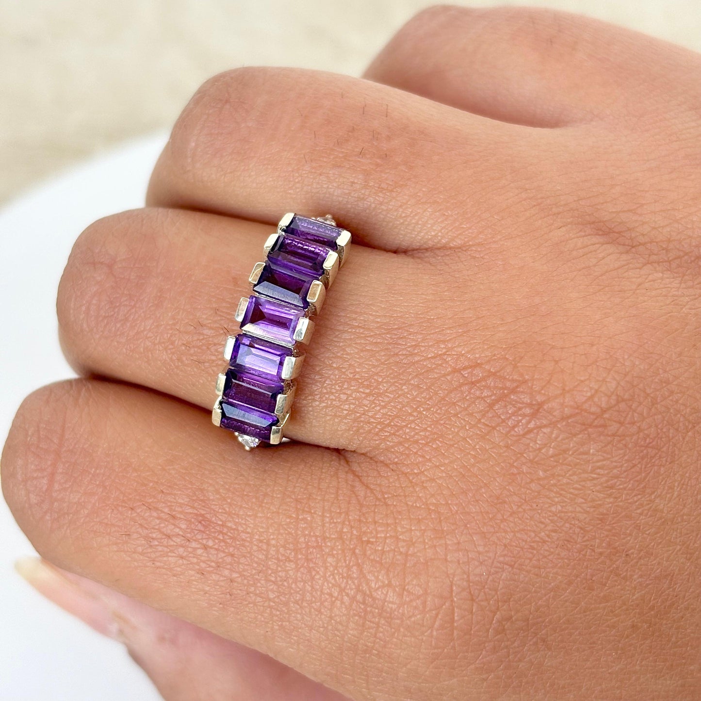 925 Pure Silver Natural Amethyst Baguette Eternity Band Ring