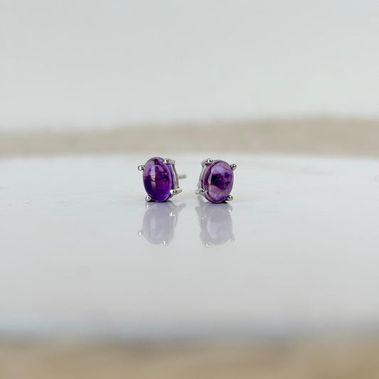 925 Silver Natural Amethyst Oval Shape Studs