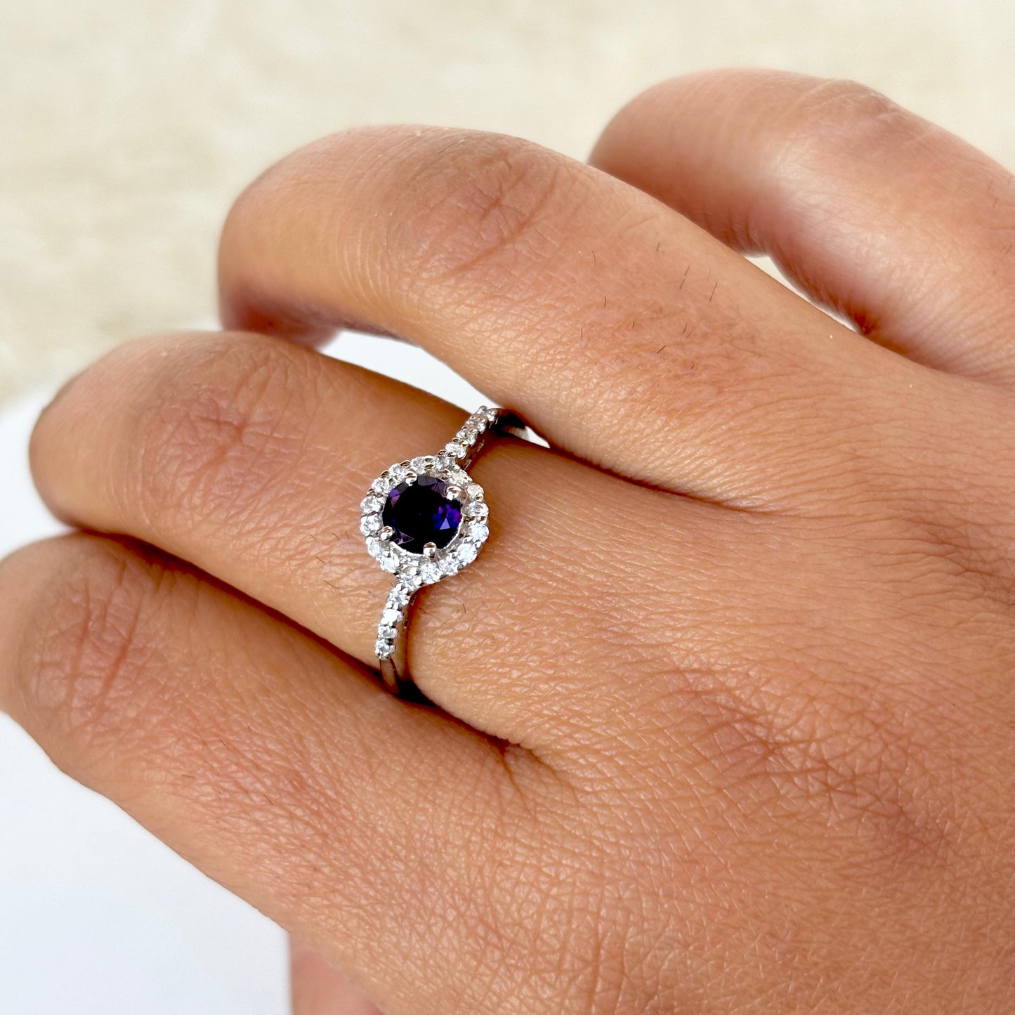 Pure Essence: 925 Silver Natural Amethyst Round Ring
