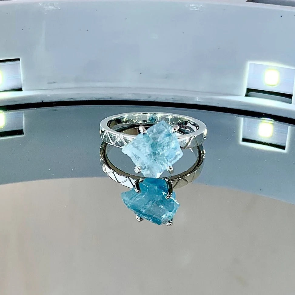 Natural Aquamarine Crystal 925 Pure Silver Band Ring