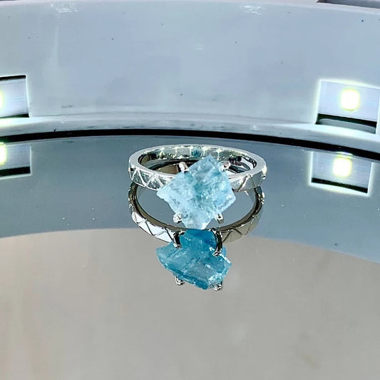 Natural Aquamarine Crystal 925 Pure Silver Band Ring