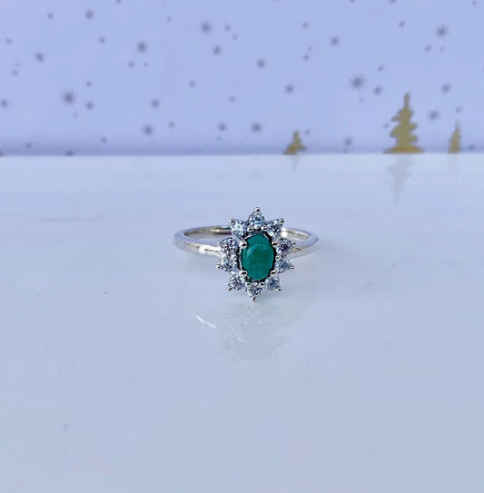 Natural Emerald Starburst Cluster Ring 925 Silver May Birthstone Dainty Gift