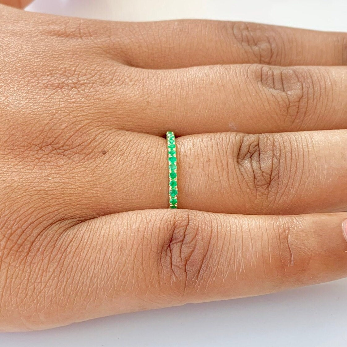 Natural Emerald Half Eternity Band 14K Yellow Gold Ring