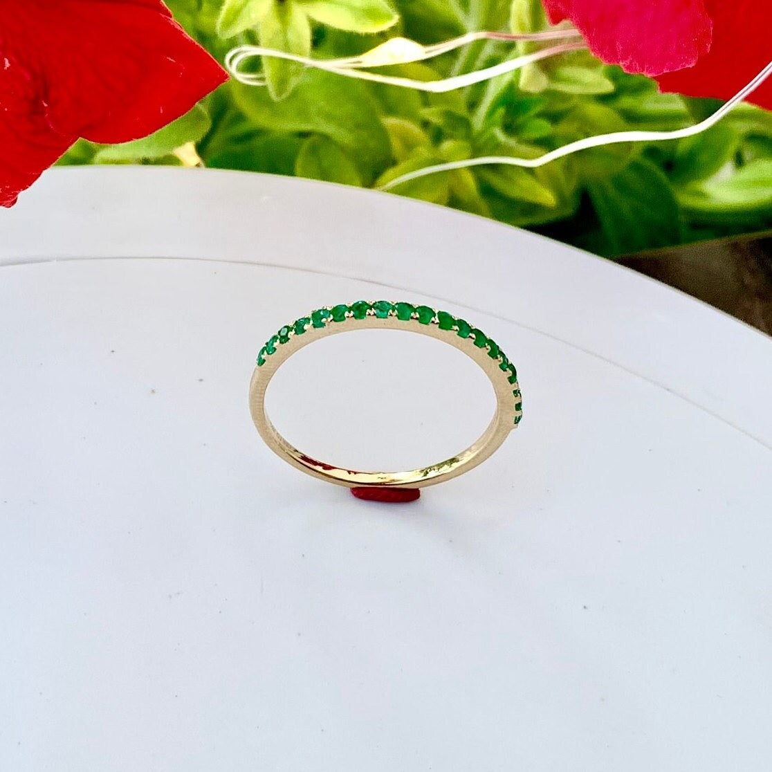 Natural Emerald Half Eternity Band 14K Yellow Gold Ring