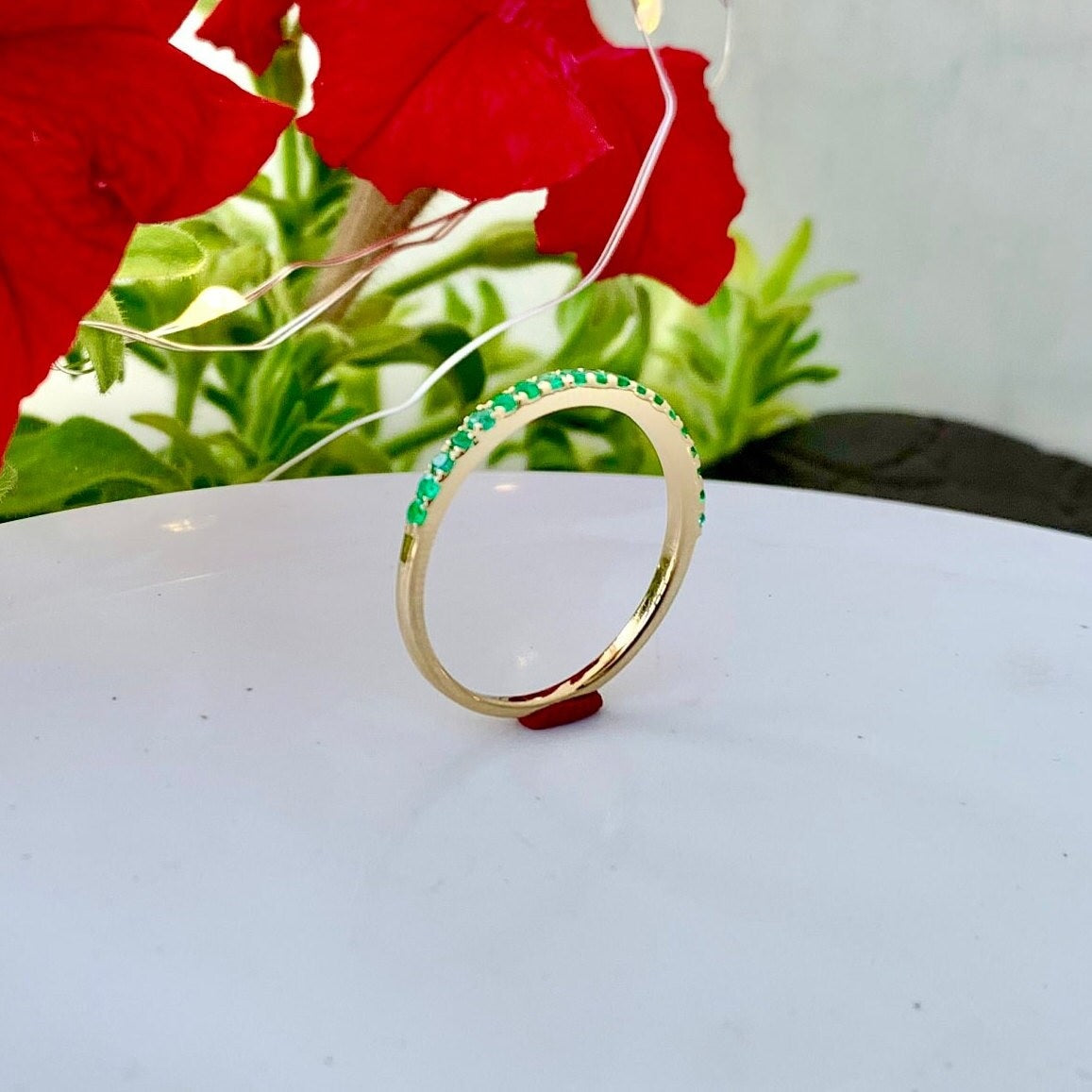 Natural Emerald Half Eternity Band 14K Yellow Gold Ring