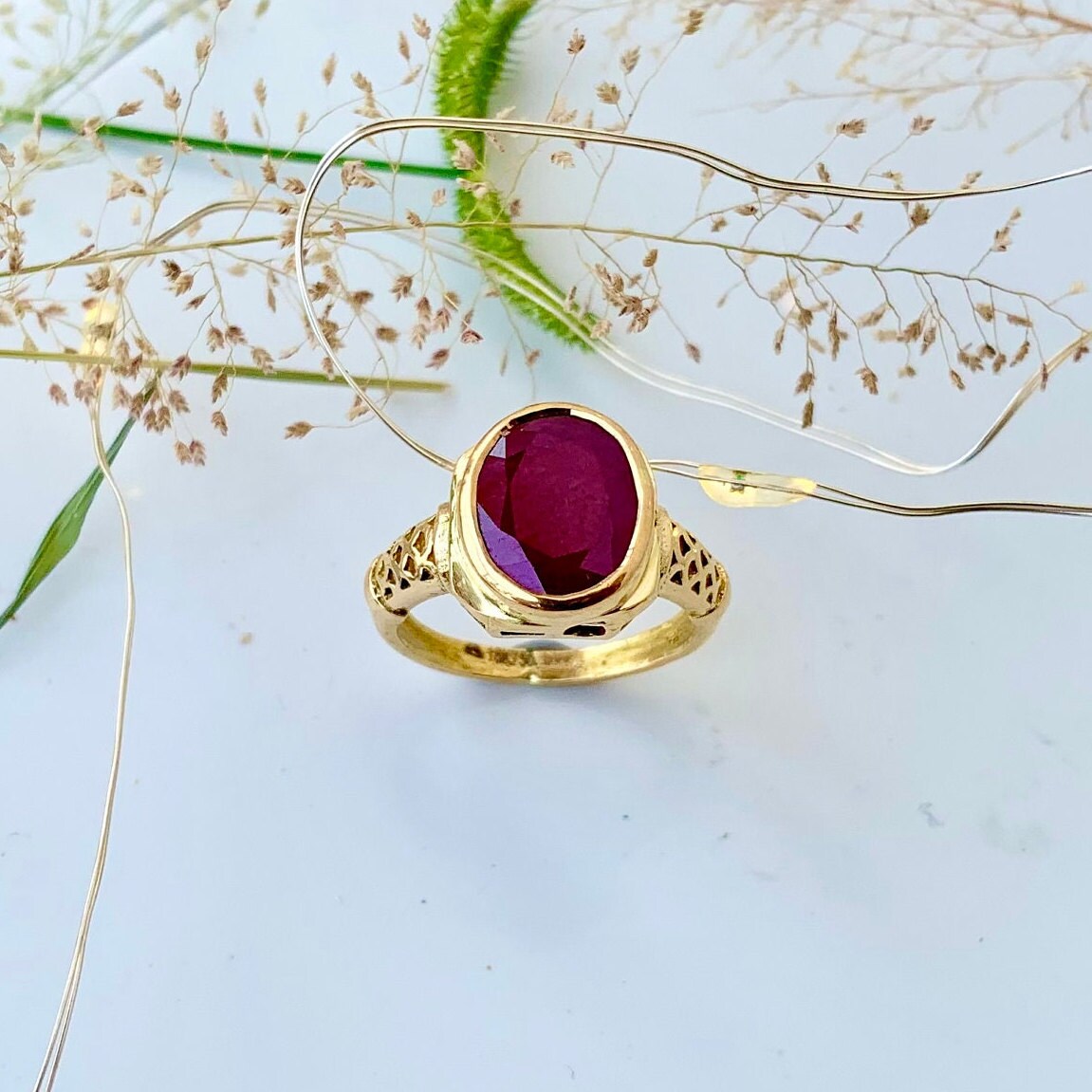 18K Natural Yellow Gold Oval Cut 5.5 Ct Genuine Ruby Bold Statement Ring