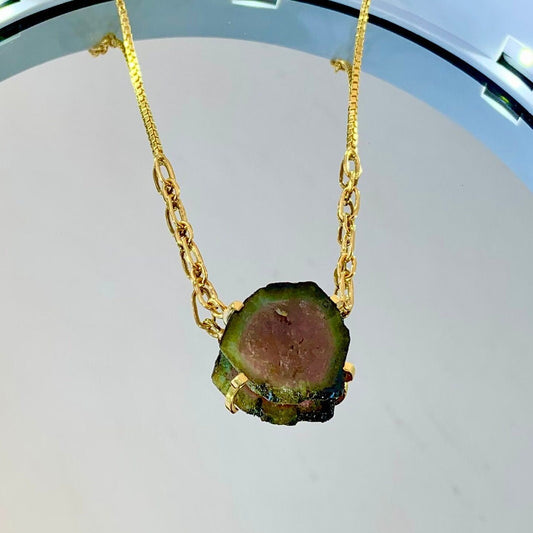 Watermelon Tourmaline 925 Pure Silver Gold Plated Pendant Necklace