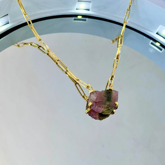 925 Pure Silver Watermelon Tourmaline Gold Plated Pendant Necklace