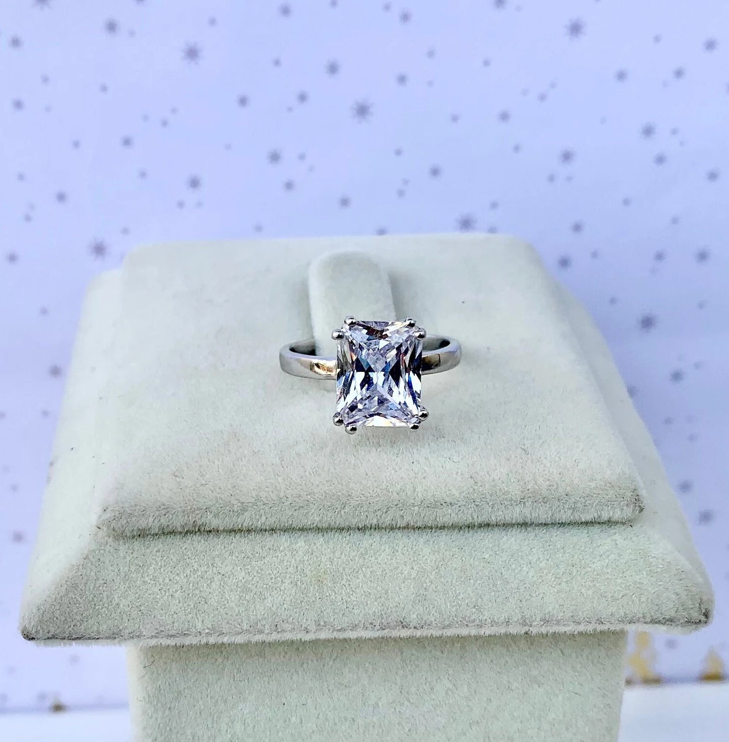 Natural Emerald Cut CZ Solitaire Ring, 925 Pure Silver Statement Promise Ring