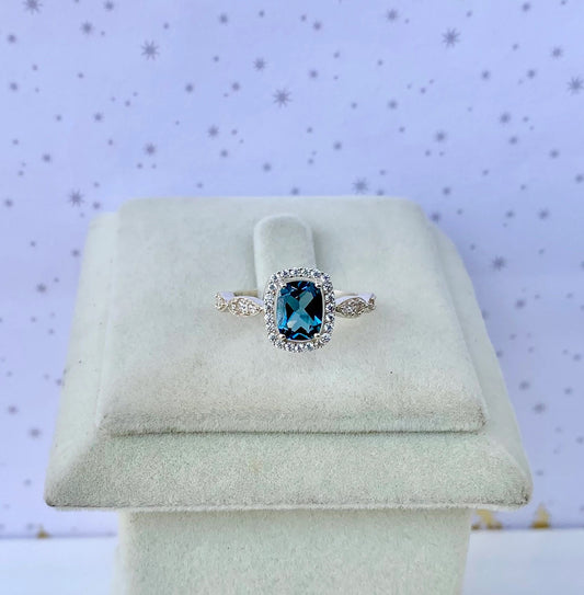 London Natural Blue Topaz Ring 925 Pure Silver Minimalist Cushion Cut December Birth