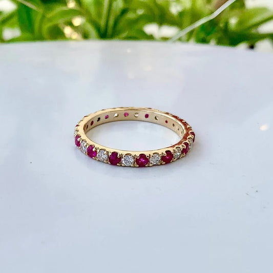 Natural Ruby and Diamond Eternity Wedding Band 14K Yellow Gold Ring